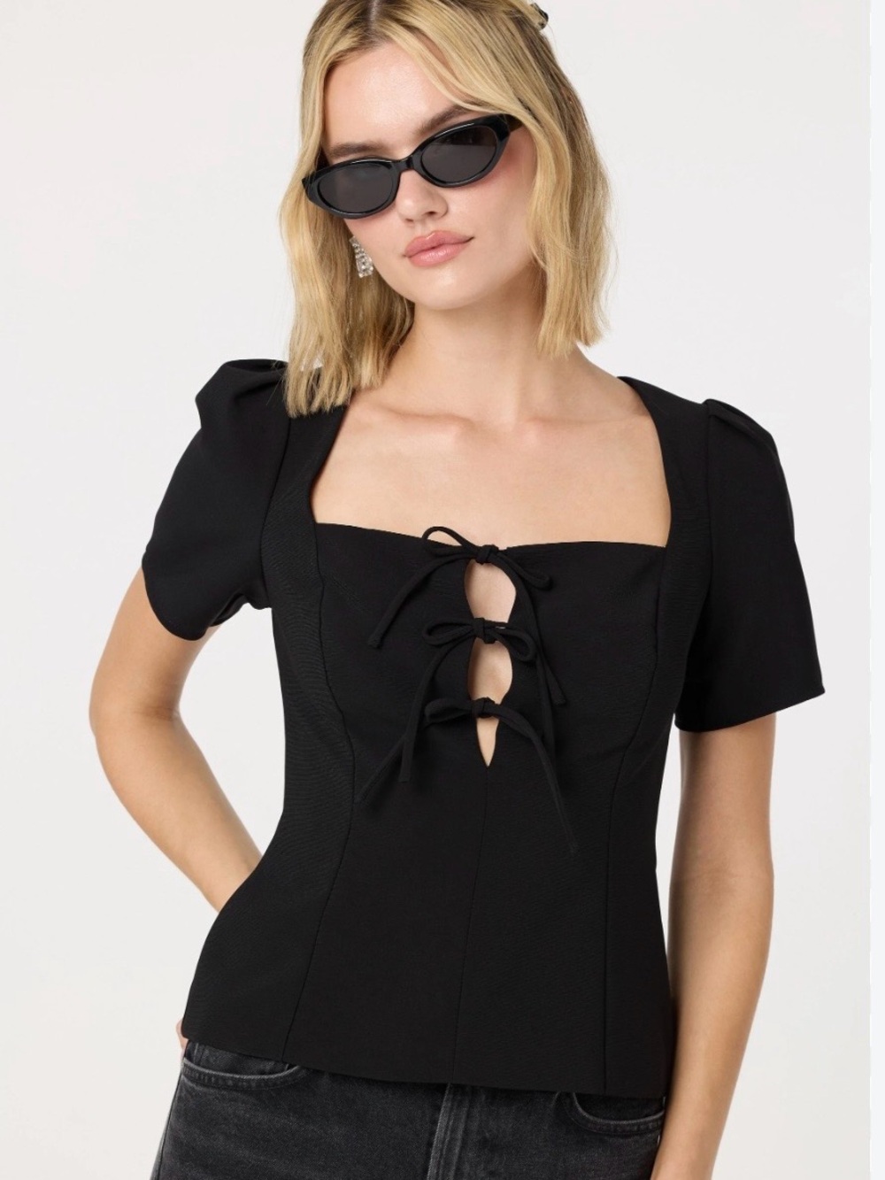 Astr Black Lace-Up Square Neck Puff Short Sleeve Top